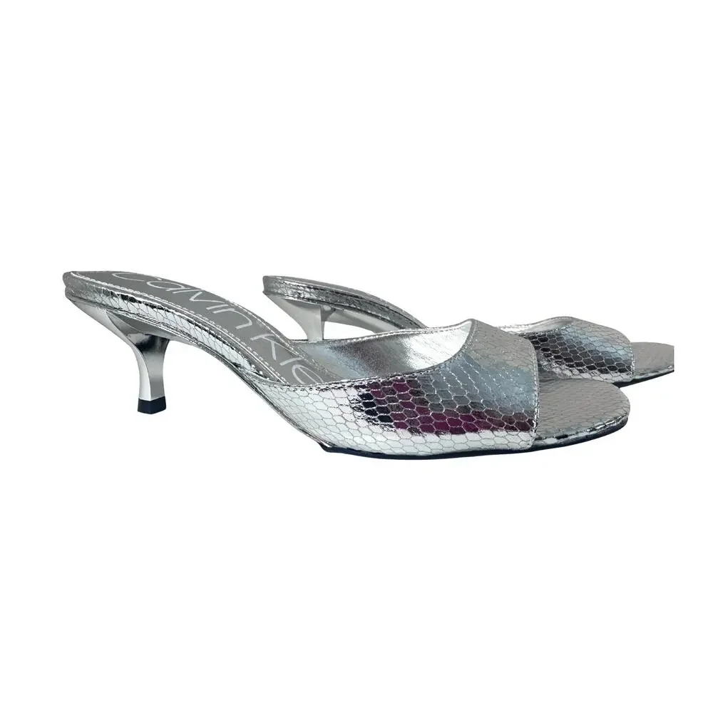 Calvin Klein Silver Glitter Kitten Heel Slide Sandals 5M NIB Glam Party Y2K - Picture 6 of 9